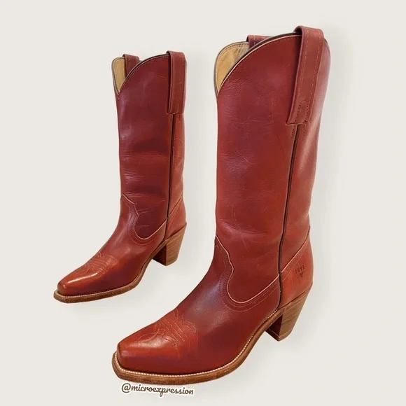 1990’s Frye Vintage Leather Pull On Cognac Red Low Heel Embroidered Cowboy Boot - Picture 12 of 13